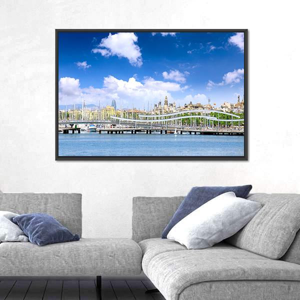 Yachts In Barcelona Sea Port Canvas Wall Art-3 Horizontal-Gallery Wrap-25" x 16"-Tiaracle