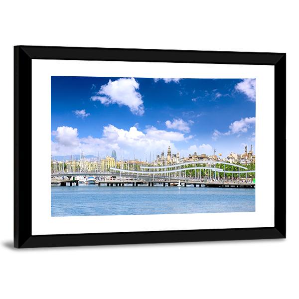 Yachts In Barcelona Sea Port Canvas Wall Art-3 Horizontal-Gallery Wrap-25" x 16"-Tiaracle