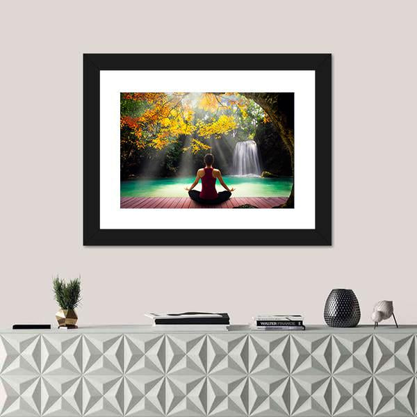 Young Woman In Yoga Pose Sitting Near Waterfall Canvas Wall Art-1 Piece-Framed Print-30" x 20"-Tiaracle