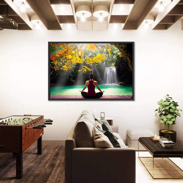 Young Woman In Yoga Pose Sitting Near Waterfall Canvas Wall Art-5 Horizontal-Gallery Wrap-22" x 12"-Tiaracle