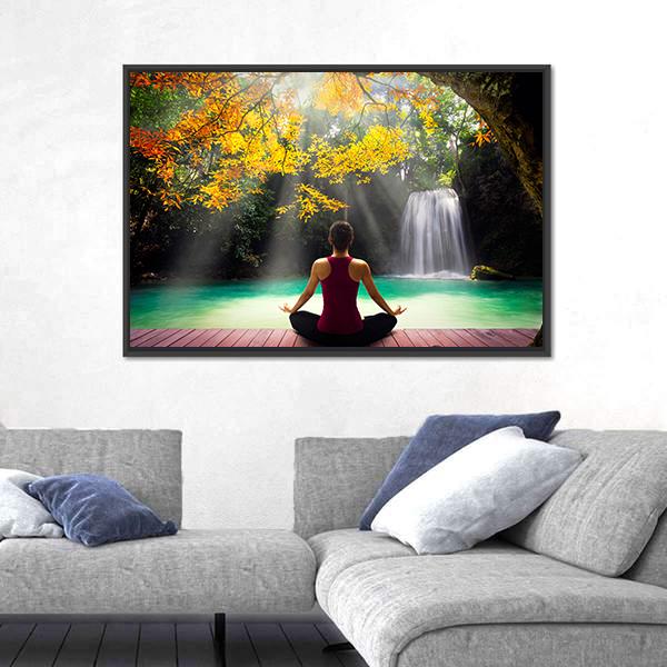 Young Woman In Yoga Pose Sitting Near Waterfall Canvas Wall Art-5 Horizontal-Gallery Wrap-22" x 12"-Tiaracle