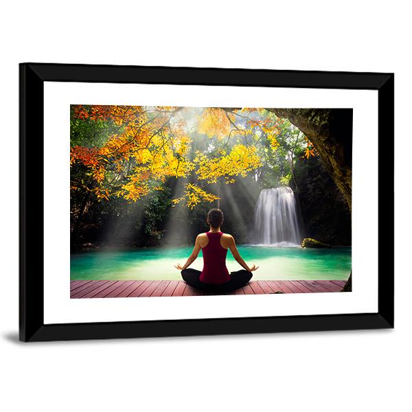 Young Woman In Yoga Pose Sitting Near Waterfall Canvas Wall Art-5 Horizontal-Gallery Wrap-22" x 12"-Tiaracle