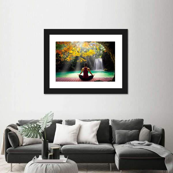 Young Woman In Yoga Pose Sitting Near Waterfall Canvas Wall Art-5 Horizontal-Gallery Wrap-22" x 12"-Tiaracle