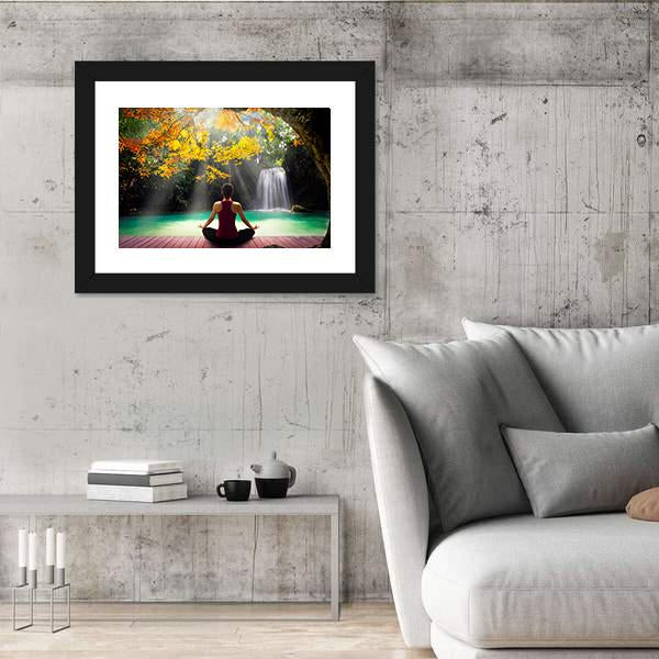 Young Woman In Yoga Pose Sitting Near Waterfall Canvas Wall Art-5 Horizontal-Gallery Wrap-22" x 12"-Tiaracle