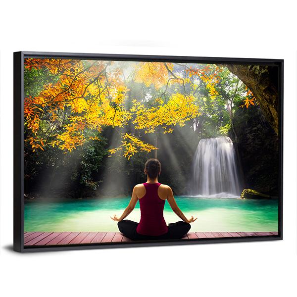 Young Woman In Yoga Pose Sitting Near Waterfall Canvas Wall Art-5 Horizontal-Gallery Wrap-22" x 12"-Tiaracle