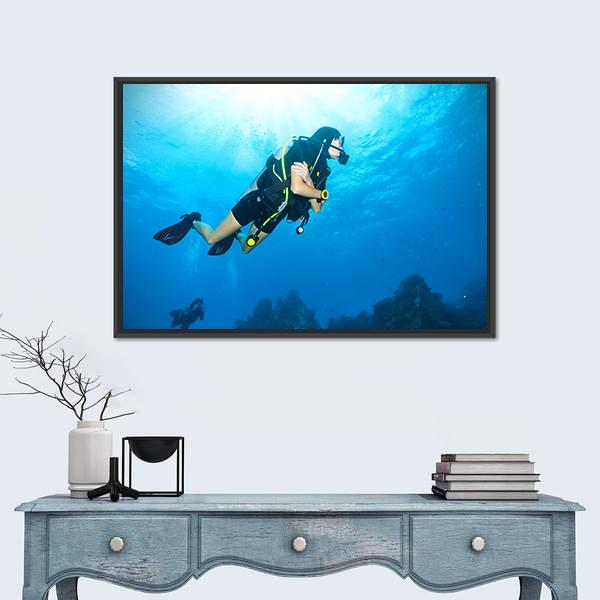 Young Woman Scuba Diver Canvas Wall Art-1 Piece-Floating Frame-36&quot; x 24&quot;-Tiaracle