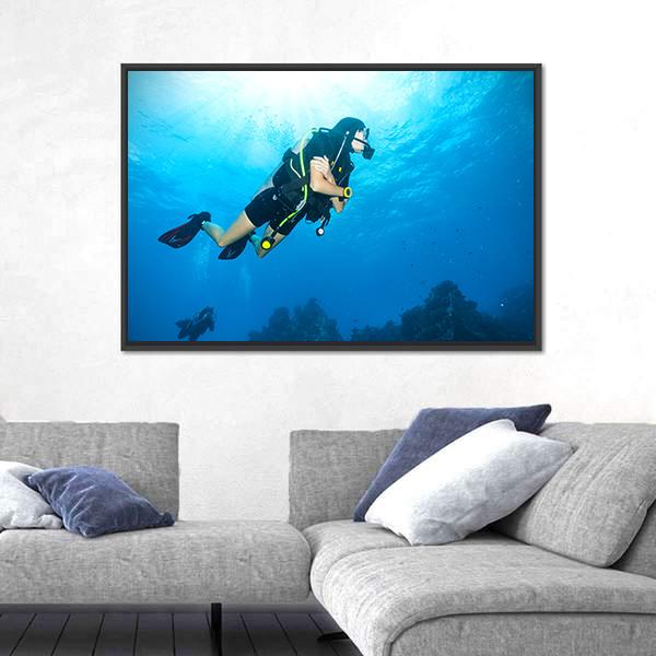 Young Woman Scuba Diver Canvas Wall Art-5 Horizontal-Gallery Wrap-22" x 12"-Tiaracle