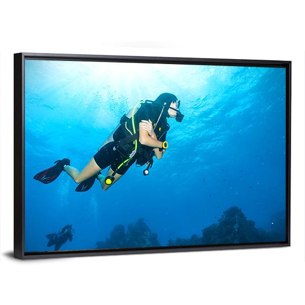 Young Woman Scuba Diver Canvas Wall Art-5 Horizontal-Gallery Wrap-22" x 12"-Tiaracle