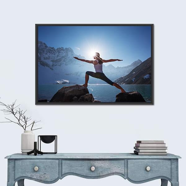 Young Woman Yoga At Mountain Canvas Wall Art-1 Piece-Floating Frame-36" x 24"-Tiaracle