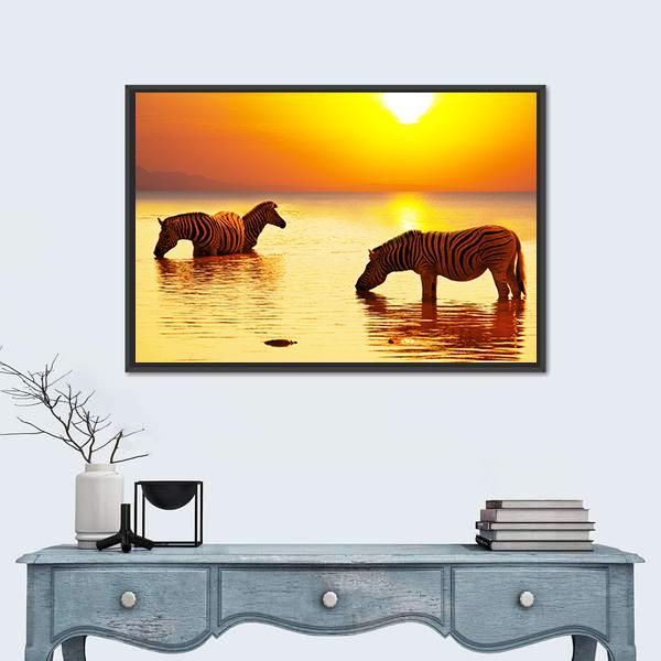 Zebras On Lake Canvas Wall Art-1 Piece-Floating Frame-36" x 24"-Tiaracle