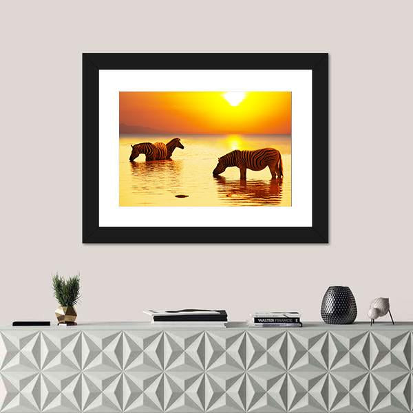 Zebras On Lake Canvas Wall Art-1 Piece-Framed Print-30" x 20"-Tiaracle