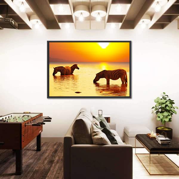 Zebras On Lake Canvas Wall Art-5 Horizontal-Gallery Wrap-22" x 12"-Tiaracle