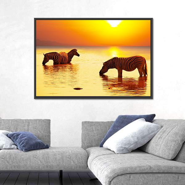 Zebras On Lake Canvas Wall Art-5 Horizontal-Gallery Wrap-22" x 12"-Tiaracle