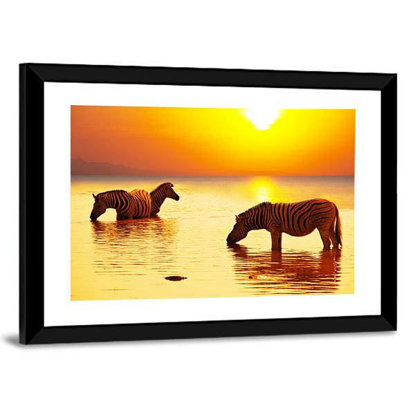 Zebras On Lake Canvas Wall Art-5 Horizontal-Gallery Wrap-22" x 12"-Tiaracle