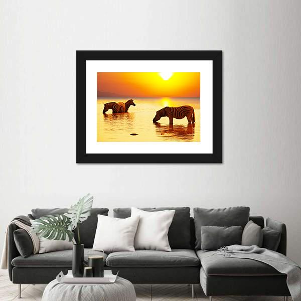 Zebras On Lake Canvas Wall Art-5 Horizontal-Gallery Wrap-22" x 12"-Tiaracle