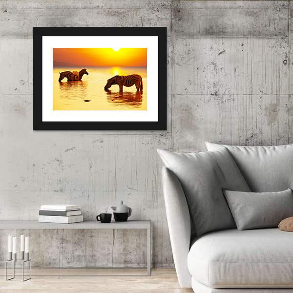 Zebras On Lake Canvas Wall Art-5 Horizontal-Gallery Wrap-22" x 12"-Tiaracle