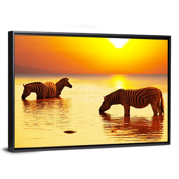 Zebras On Lake Canvas Wall Art-5 Horizontal-Gallery Wrap-22" x 12"-Tiaracle