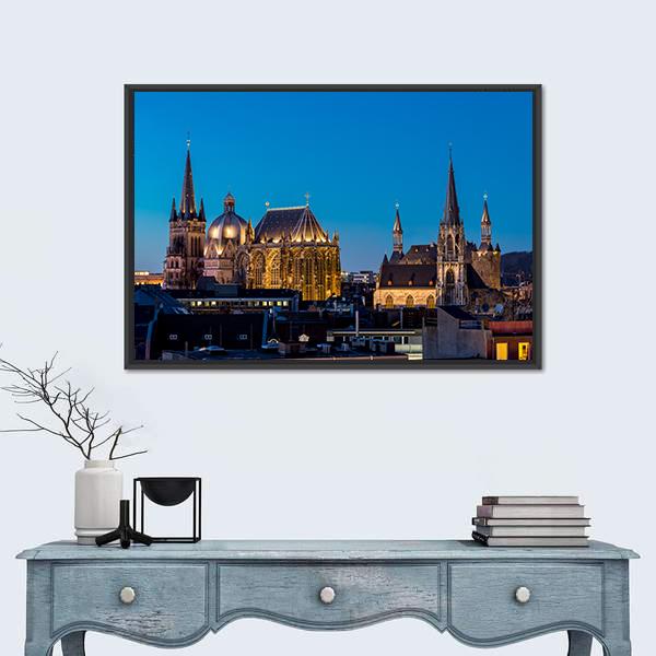Aachen At Night Germany Canvas Wall Art-1 Piece-Floating Frame-24" x 16"-Tiaracle