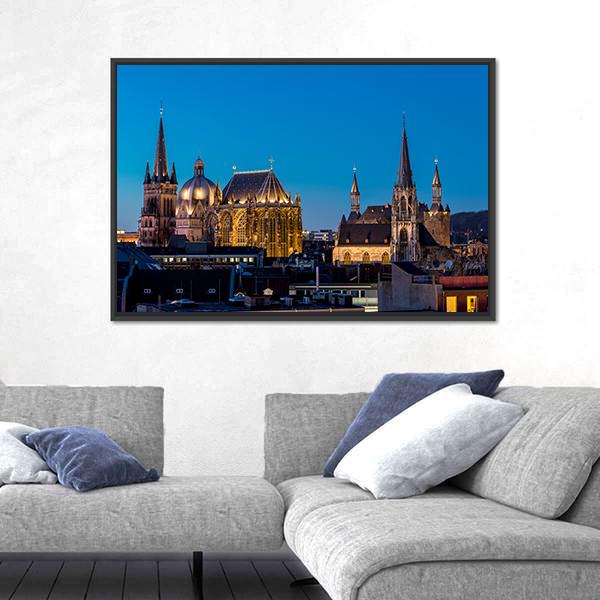 Aachen At Night Germany Canvas Wall Art-3 Horizontal-Gallery Wrap-25" x 16"-Tiaracle
