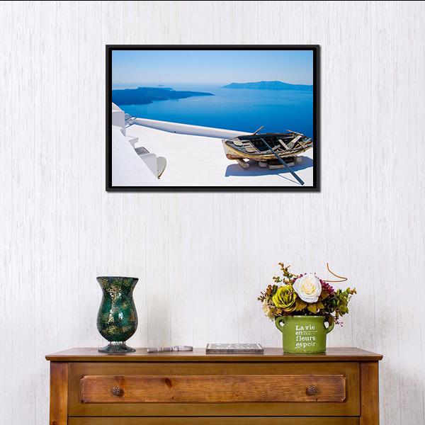 Abandoned Boat On Santorini Islands Canvas Wall Art-1 Piece-Floating Frame-24&quot; x 16&quot;-Tiaracle