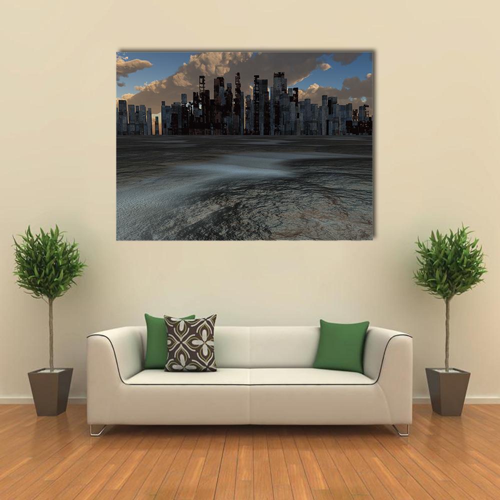 Abandoned Waterfront Cityscape Canvas Wall Art in black, gray and blue, single panel hung on a wall