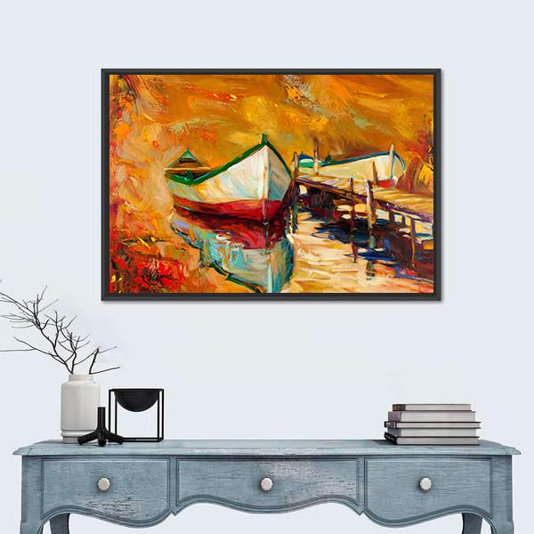 Abstract Boat &amp; Jetty Canvas Wall Art-1 Piece-Floating Frame-24" x 16"-Tiaracle