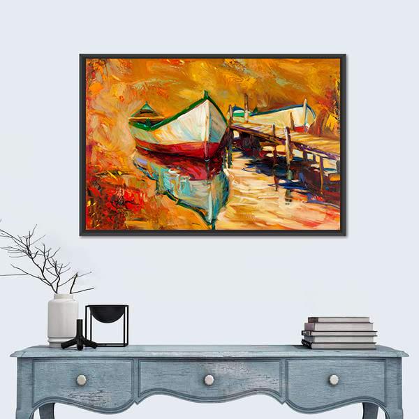 Abstract Boat &amp; Jetty Canvas Wall Art-1 Piece-Floating Frame-24" x 16"-Tiaracle