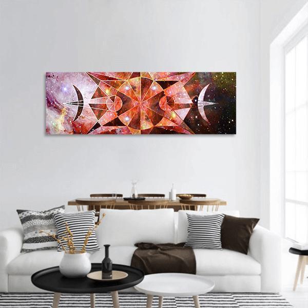 Nebula Mandala with Crescent Moons Panoramic Canvas Wall Art in red, orange and purple, hung on a wall