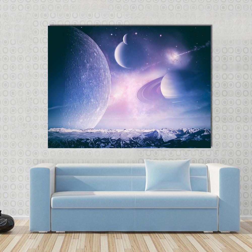 Abstract Fantasy Backgrounds Canvas Wall Art in blue, purple and pink, single panel hung on a wall