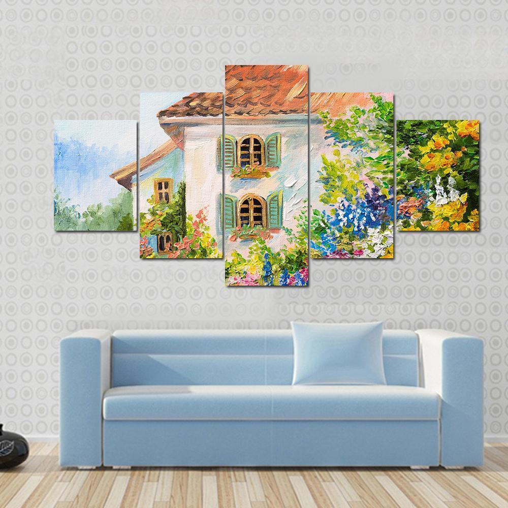 Abstract House In Flower Garden Canvas Wall Art-3 Horizontal-Gallery Wrap-37" x 24"-Tiaracle