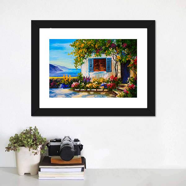 Abstract House Near The Sea Canvas Wall Art-1 Piece-Framed Print-20&quot; x 16&quot;-Tiaracle