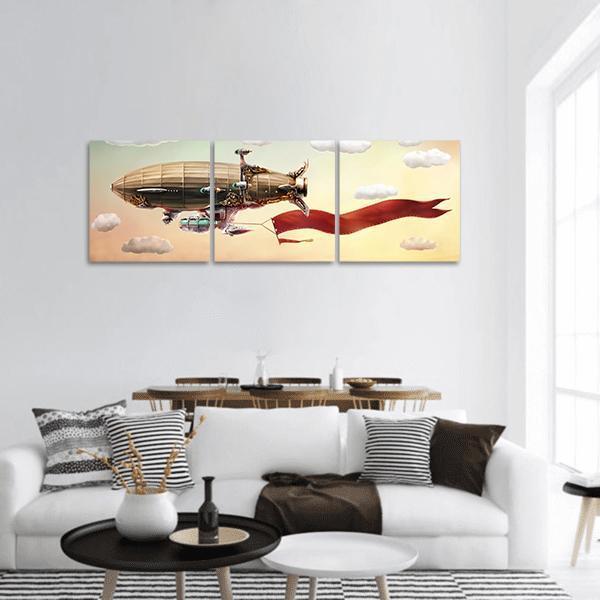 Dirigible with Red Banner Panoramic Canvas Wall Art in beige and red, hung on a wall