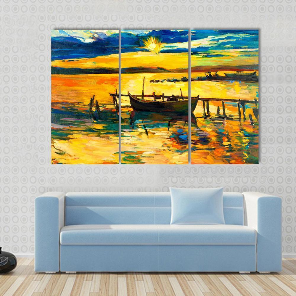 Abstract Of Boat &amp; Jetty Canvas Wall Art-3 Horizontal-Gallery Wrap-37&quot; x 24&quot;-Tiaracle