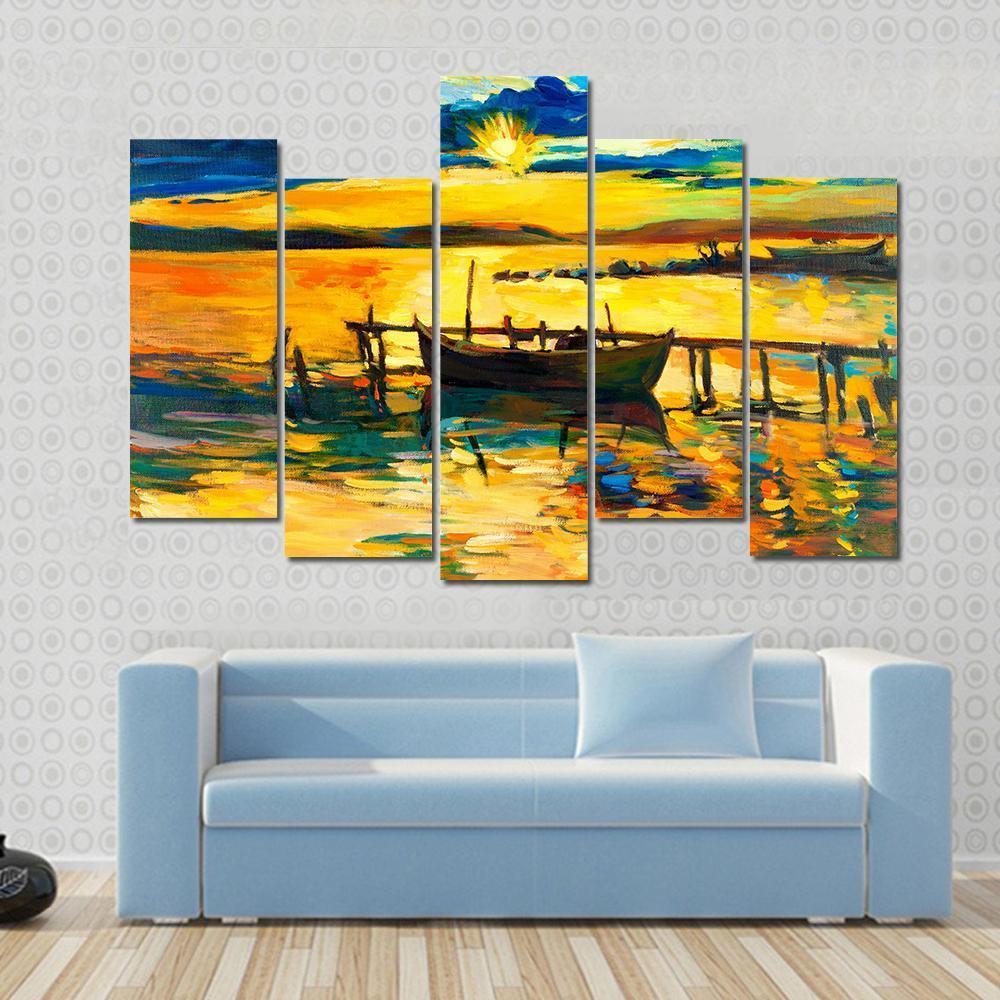 Abstract Of Boat &amp; Jetty Canvas Wall Art-5 Pop-Gallery Wrap-47&quot; x 32&quot;-Tiaracle