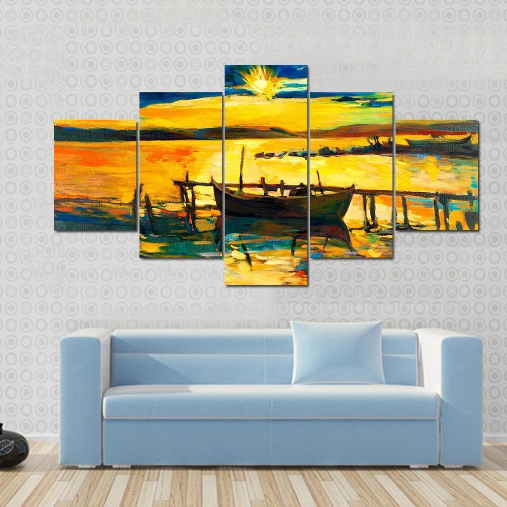 Abstract Of Boat &amp; Jetty Canvas Wall Art-5 Star-Gallery Wrap-62&quot; x 32&quot;-Tiaracle