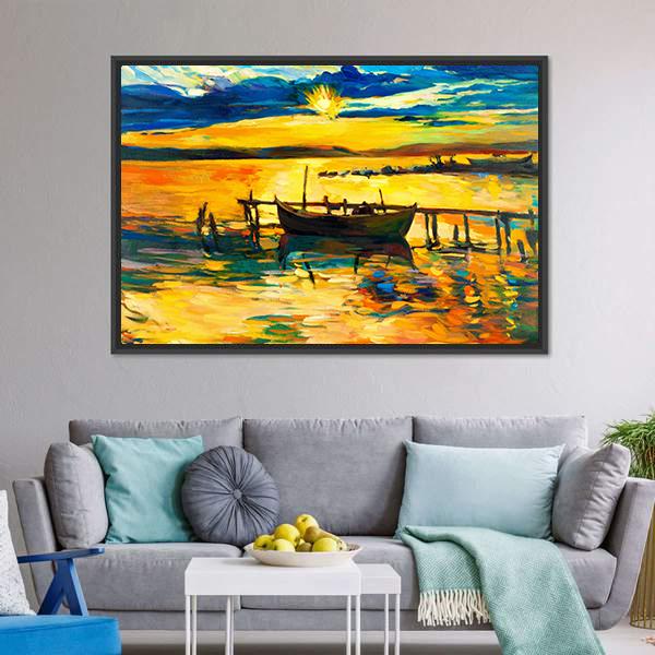 Abstract Of Boat &amp; Jetty Canvas Wall Art-1 Piece-Floating Frame-24" x 16"-Tiaracle