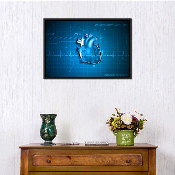 Glowing Blue Heart Data Visualization Canvas Wall Art in white, blue and navy, framed canvas, product view on a white background