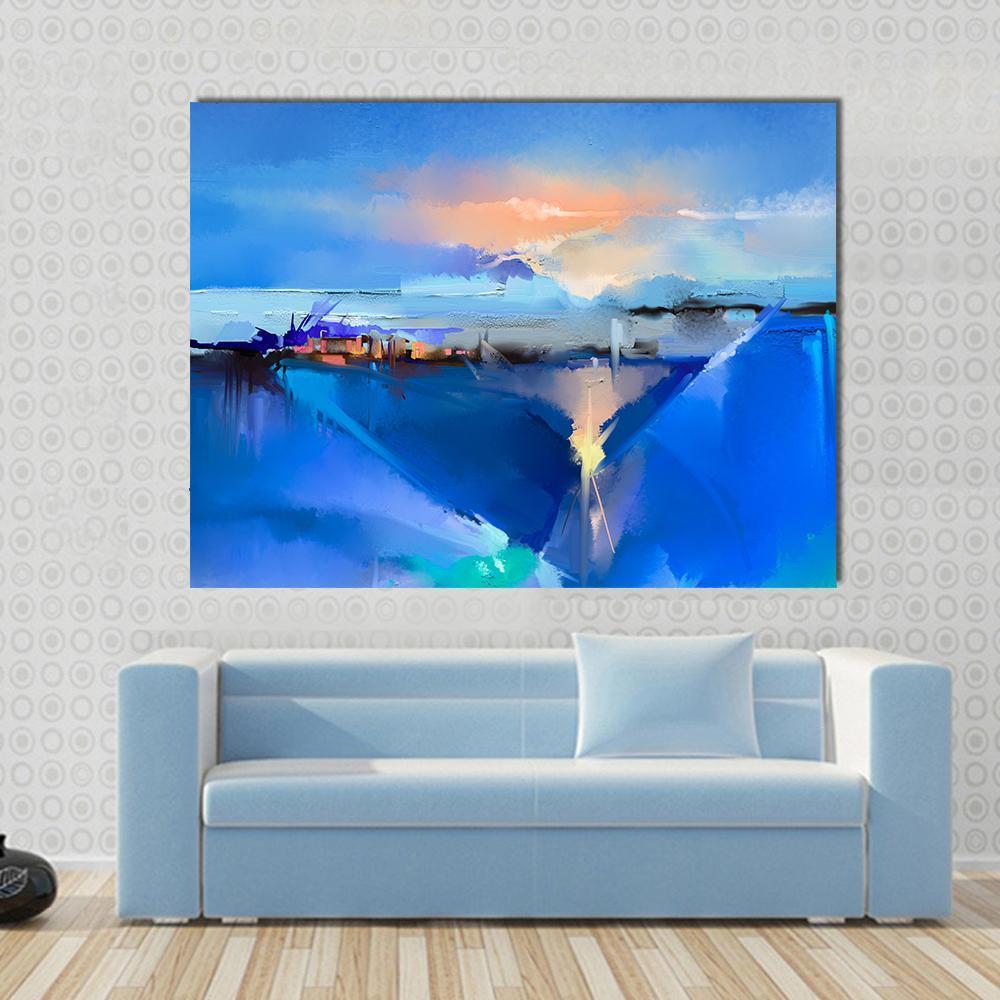 Abstract Tree Hill and Blue Field Canvas Wall Art in white, orange and blue, single panel hung on a wall