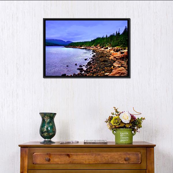 Acadia National Park Coastal Forest View Canvas Wall Art in brown, green and blue, framed canvas, product view on a white background