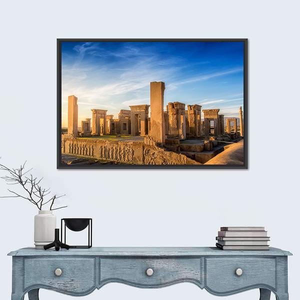 Persepolis Achaemenid Empire Ruins Canvas Wall Art in beige, brown and blue, framed canvas, product view on a white background