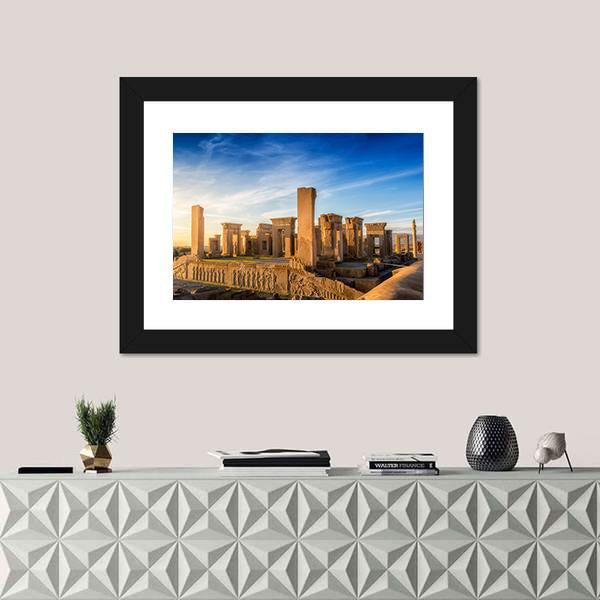 Persepolis Achaemenid Empire Ruins Canvas Wall Art in beige, brown and blue, framed print, product view on a white background