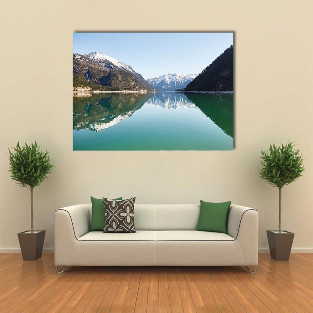 Achensee Lake Austria Canvas Wall Art in white, green and blue, single panel hung on a wall