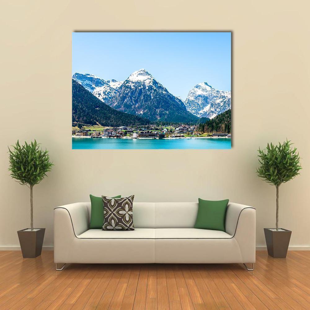 Achensee Lake with Alpine Village Canvas Wall Art in white, green and blue, single panel hung on a wall