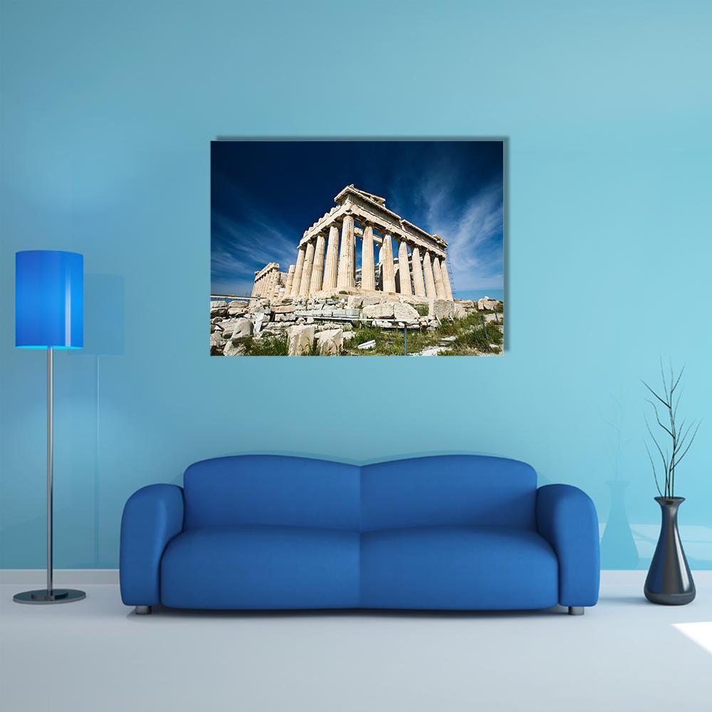 Parthenon at the Acropolis Canvas Wall Art in beige, brown and blue, single panel hung on a wall