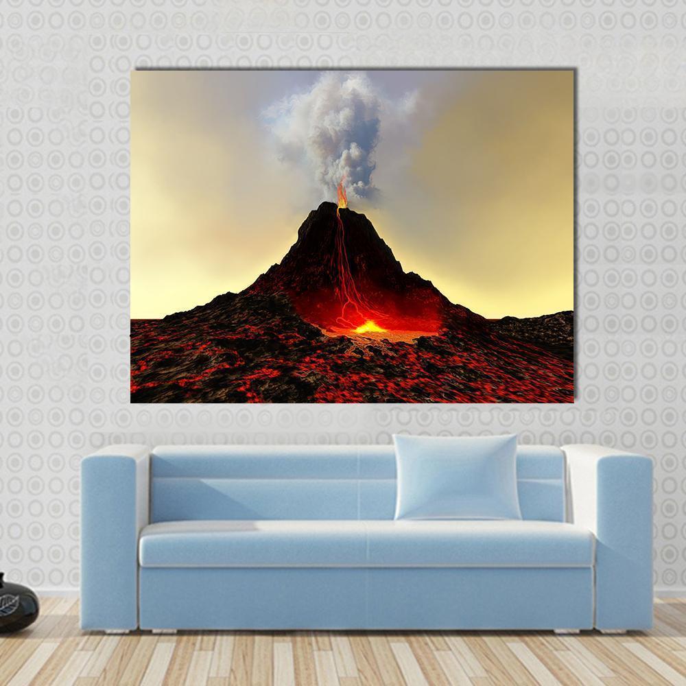 Active Volcano Spewing Hot Red Lava Canvas Wall Art in black, red and yellow, single panel hung on a wall