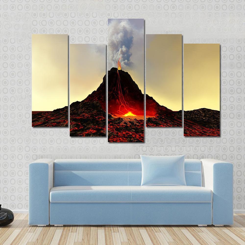 Active Volcano Spews Out Hot Red Lava Canvas Wall Art-5 Pop-Gallery Wrap-47" x 32"-Tiaracle