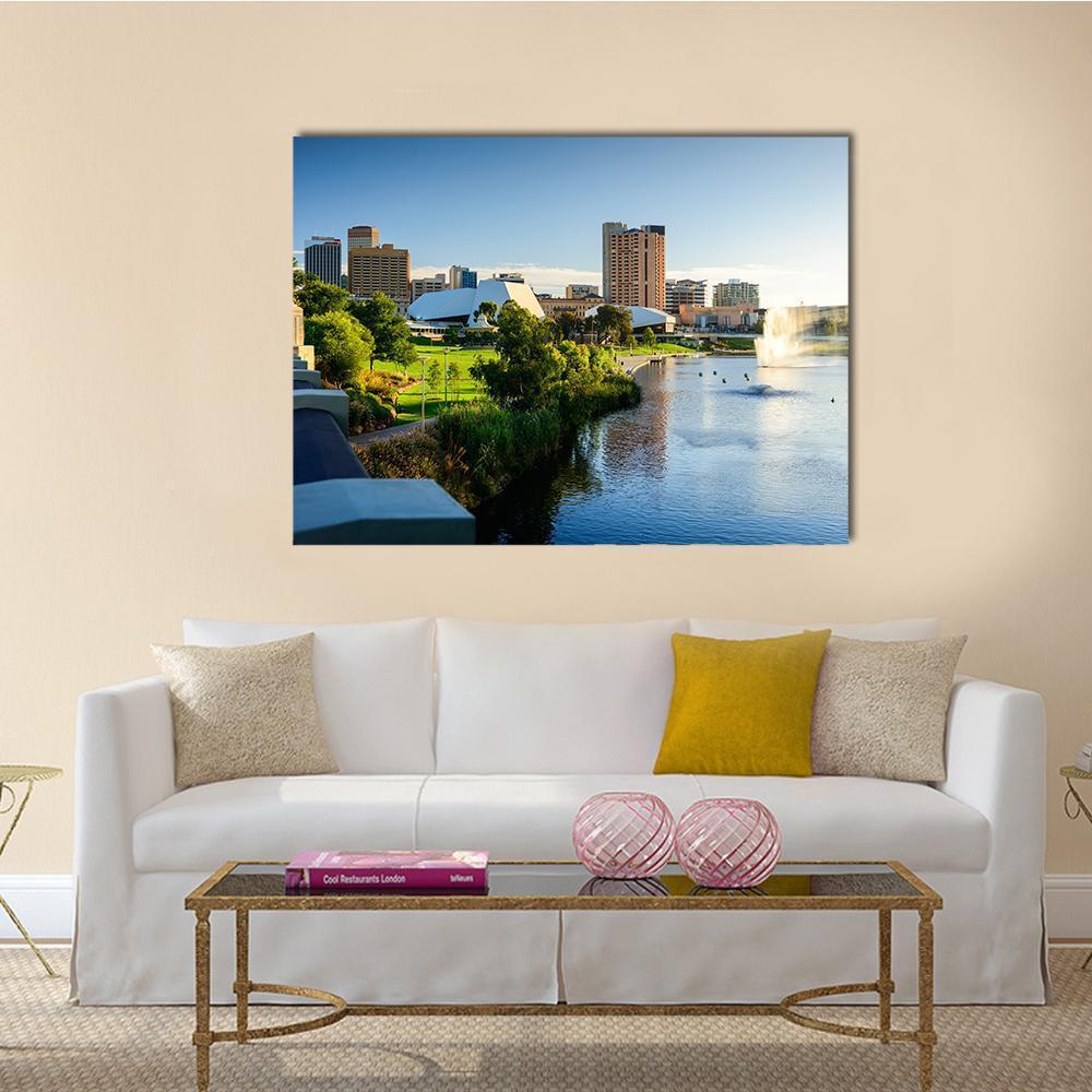 Adelaide City Skyline with River and Fountain Canvas Wall Art in white, green and blue, single panel hung on a wall