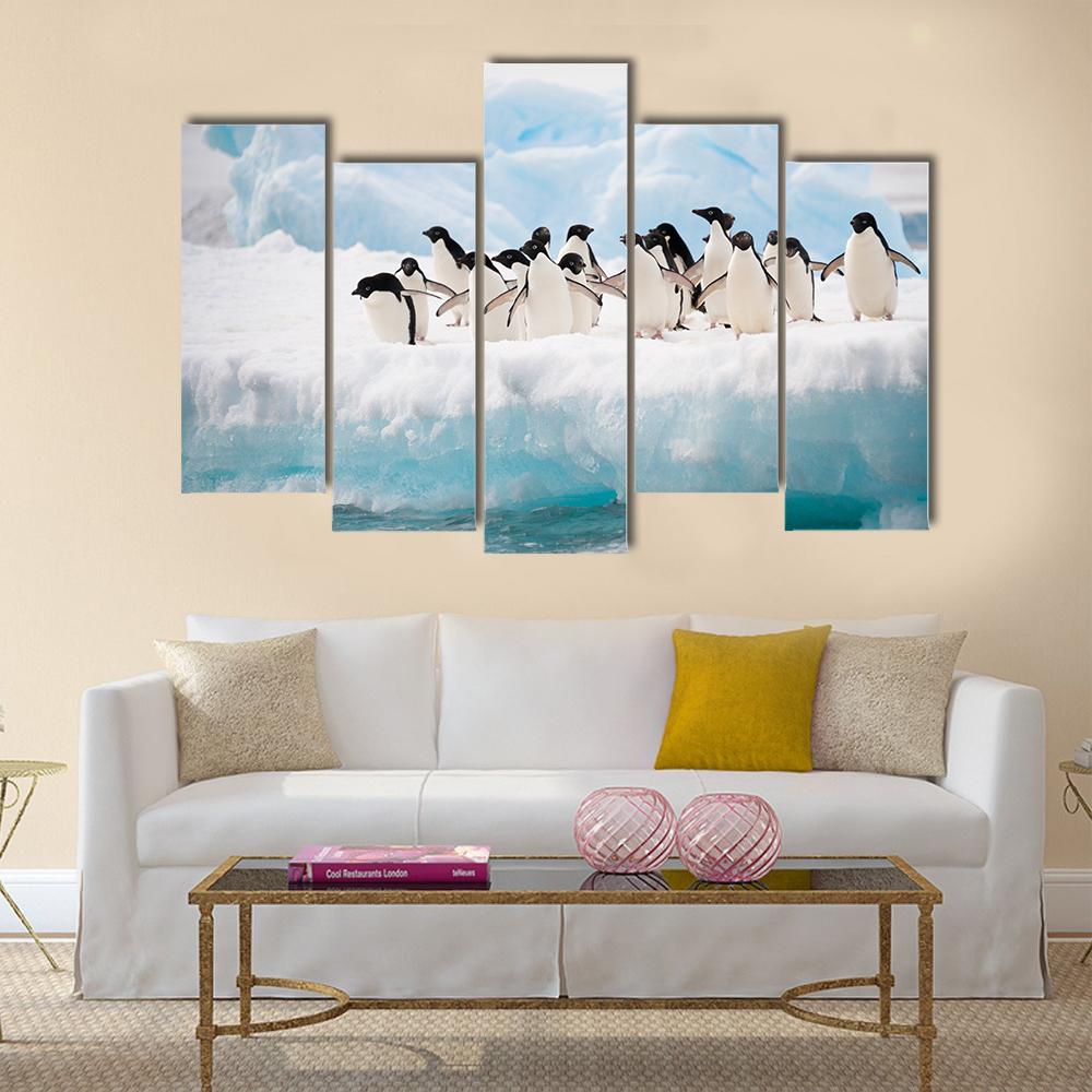 Penguins On Iceberg Antarctica Canvas Wall Art-5 Pop-Gallery Wrap-32" x 21"-Tiaracle