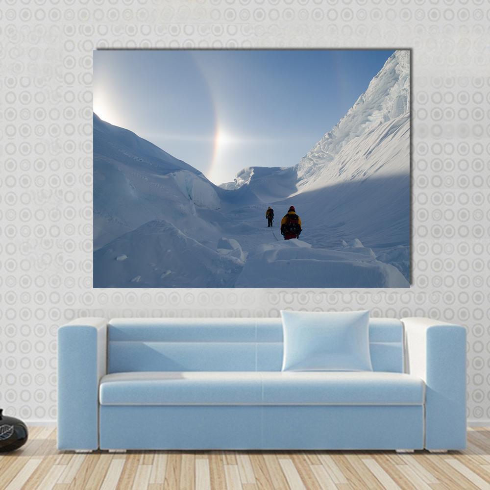 Adventures in Antarctica Canvas Wall Art in white and blue, single panel hung on a wall