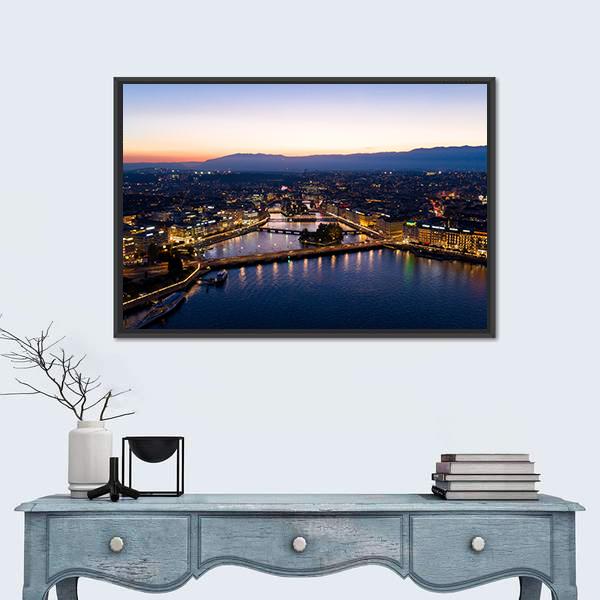 Aerial Night View Of Geneva Canvas Wall Art-1 Piece-Floating Frame-24" x 16"-Tiaracle